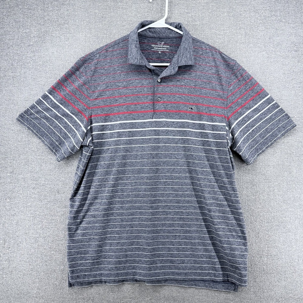 Vineyard Vines Performance Golf Polo Shirt Men XL Gray Red Striped Short Sleeve